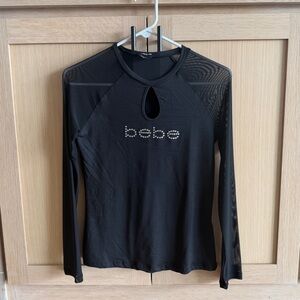 Bebe Black Mesh Detail Long Sleeve Top